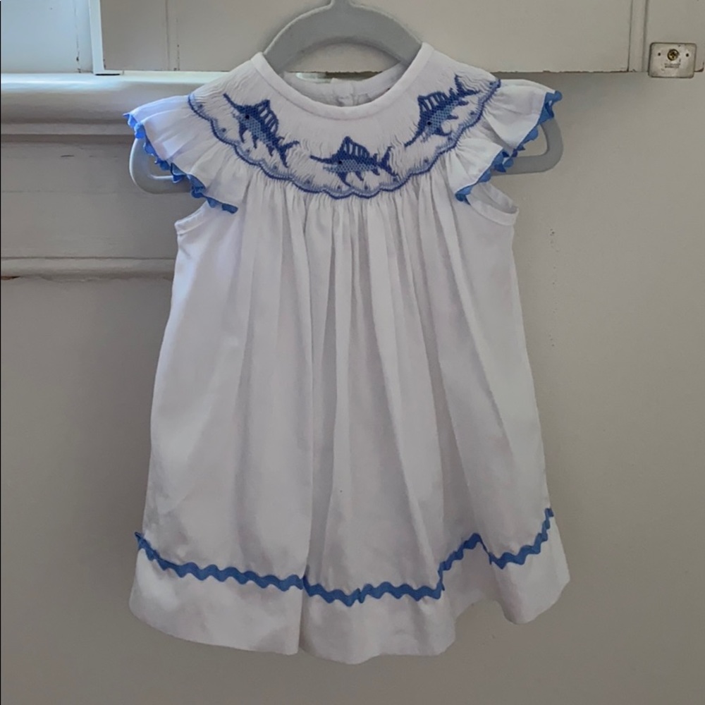 Shrimp & grits smocked white cotton dress 6M.